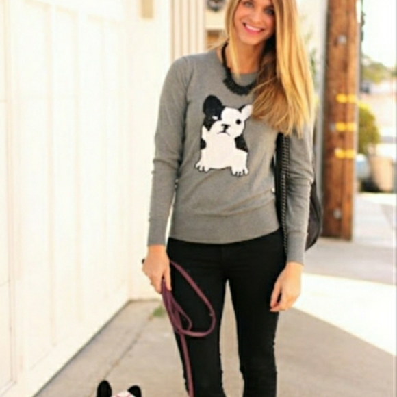 French Connection Fleece Sweatshirt Bulldog Embroidered Crewneck Sweater - Picture 4 of 15